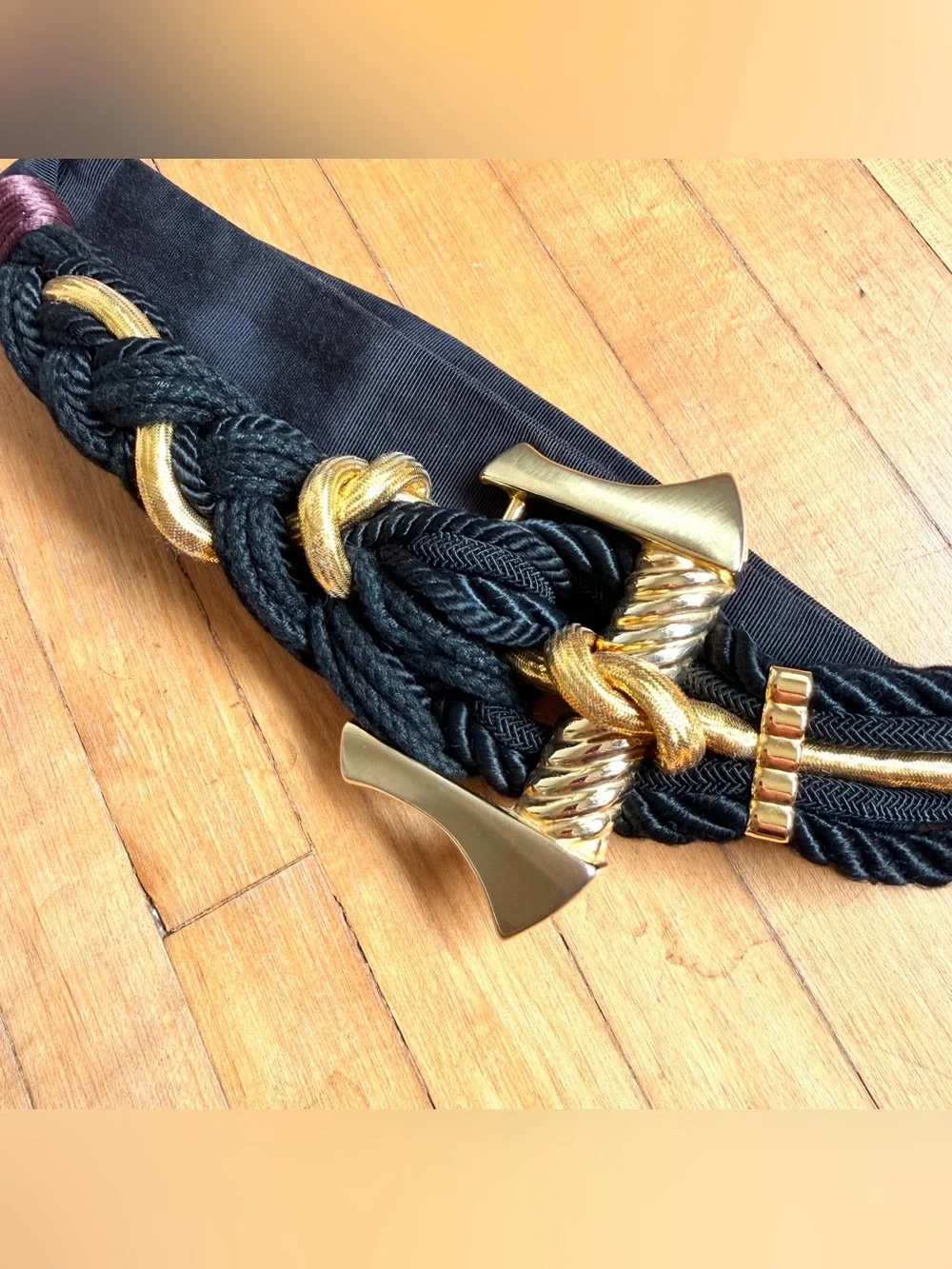 Carolyn Tanner Design 1980’s STATEMENT BELT Vintage Huge GOLD Buckle Black Rope